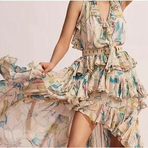 Nwt Maeve V-neck ruffle hi-low dress in cream floral Pattern Boho Romantic